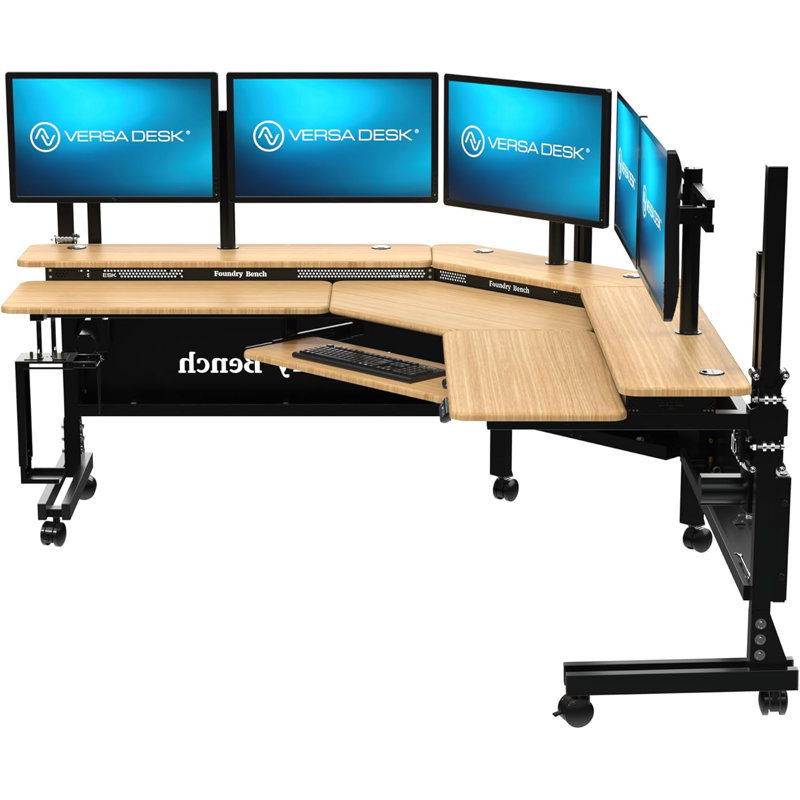 80" x 80" Bamboo and Black Adjustable L-Shaped Corner Desk with USB Ports
