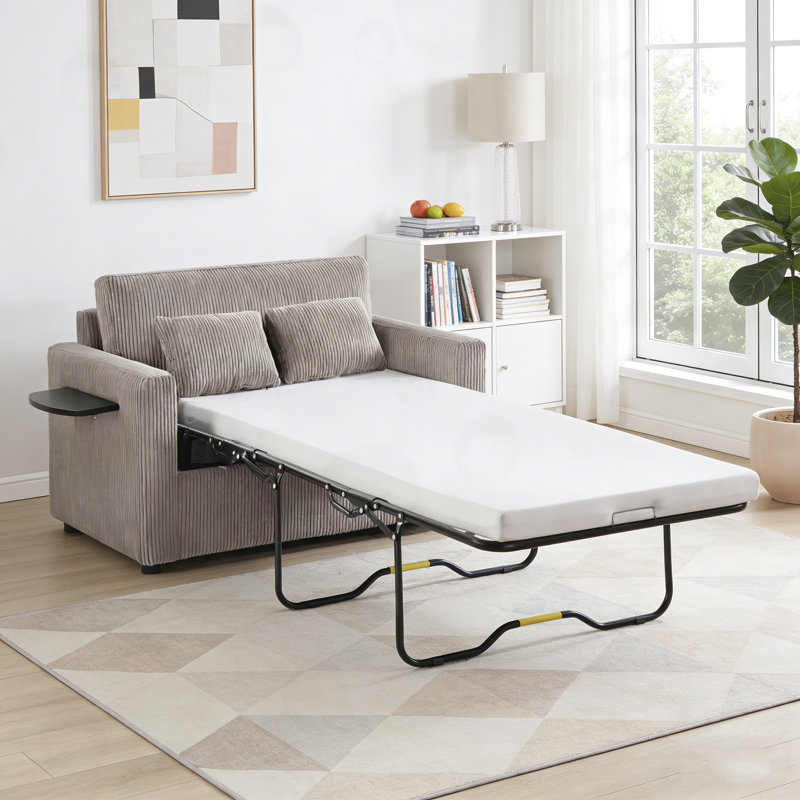 Canapé-lit avec matelas pliable, table d'appoint pliable, pochette de rangement latérale et deux ports USB, Gris brun