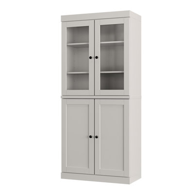 Bibliothèque 6 étagères 100 % bois massif, portes vitrées transparentes et style Shaker, étagères réglables, largeur 81 cm, hauteur 182 cm