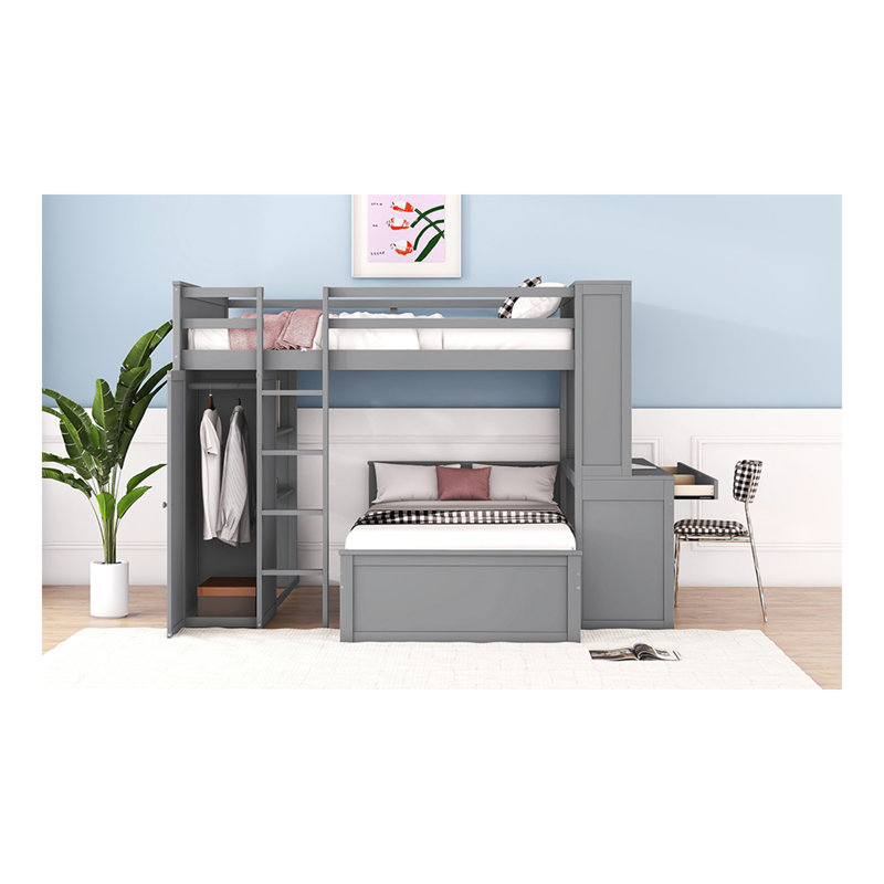 Lit mezzanine double avec lit simple autoportant, tablettes, bureau et garde-robe gris, Lit double, Gris