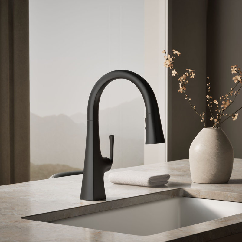 Graze Pull-Down Kitchen Sink Faucet with Three-Function Sprayhead, Matte Black