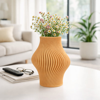 Modern Porcelain Table Vase for Home Decor - Textured Ripple Design Tall Flower Vase Accent for Living Room or Hallway - Brown