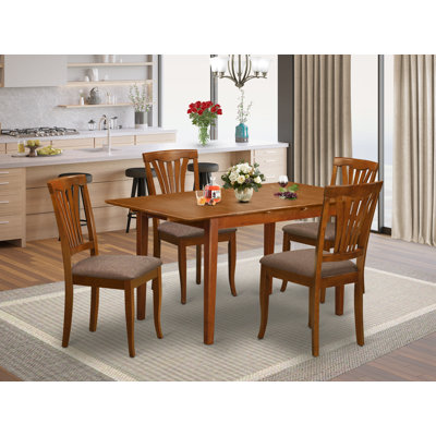 5 Piece Kitchen Table Set for 4 Includes a Rectangle Dining Room Table with Butterfly Leaf and 4 Linen Fabric Upholstered Chairs, 32x60 Inch, Saddle Brown