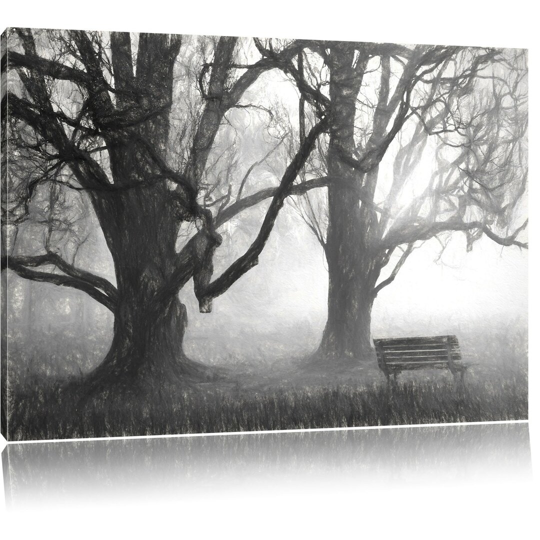 Leinwandbild Baum und Bank im Nebel