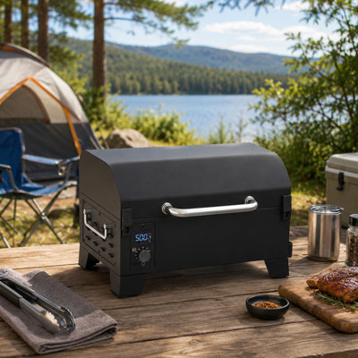 Portable Wood Pellet Grill and Smoker, Flame Broiler and 7 lb Hopper