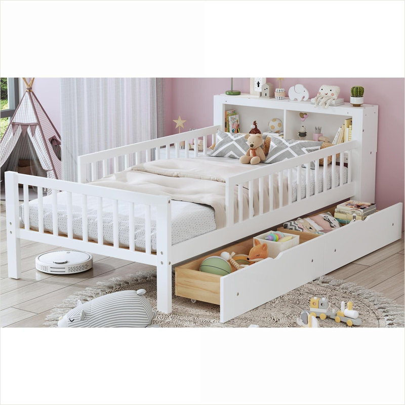 Lit plateforme simple avec rangement en panneau de fibres à densité moyenne en contreplaqué de pin, capacité de 350 lb, blanc pour chambre d'amis