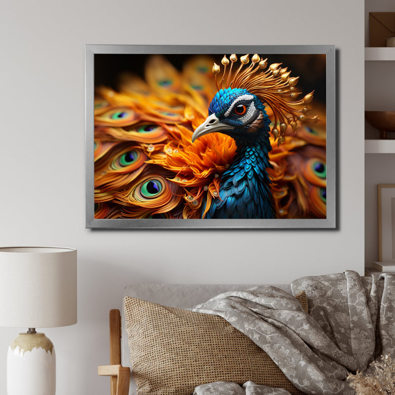 Gros plan sur un paon - animaux, impressions sur toile, H 16 po x l 32 po x P 1 po, Cadre photo argenté
