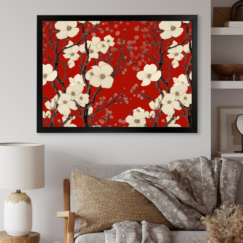 Élégance sur toile rouge et blanc Dogwood, Cadre simple noir, H 16 po x l 32 po x P 1 po