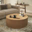 Table basse ronde contemporaine moderne de 89 cm de large, entièrement assemblée, avec piètement cannelé en bois massif, 2 tiroirs de rangement dissimulés et plateau en placage de bois.-245715675-31455752