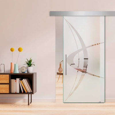 Frameless Glass Sliding Barn Door with Frosted Modern Design + Hardware Kit (Semi-Private)