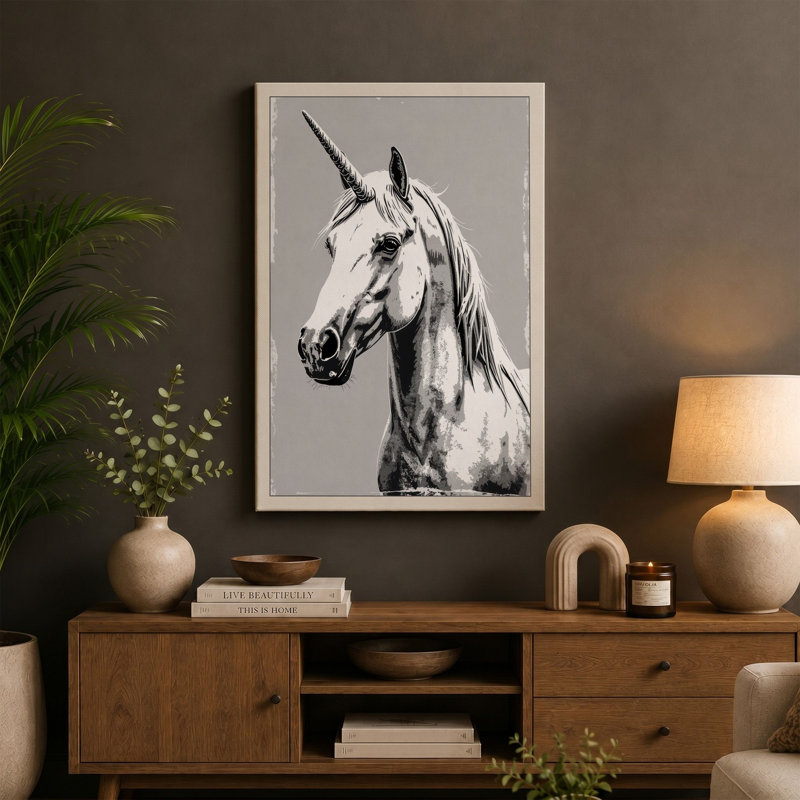 Unicorn in Charcoal Minimalist - Wrapped Canvas, 36x24 - 91.4 x 61.0 cm, Black Border