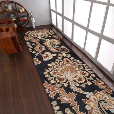 Tapis Akain en laine tuftée à la main, écologique - Tapis de couloir, couleur noir anthracite, motif floral moderne, tapis épais à poils longs antidérapants faits main pour salon et chambre.