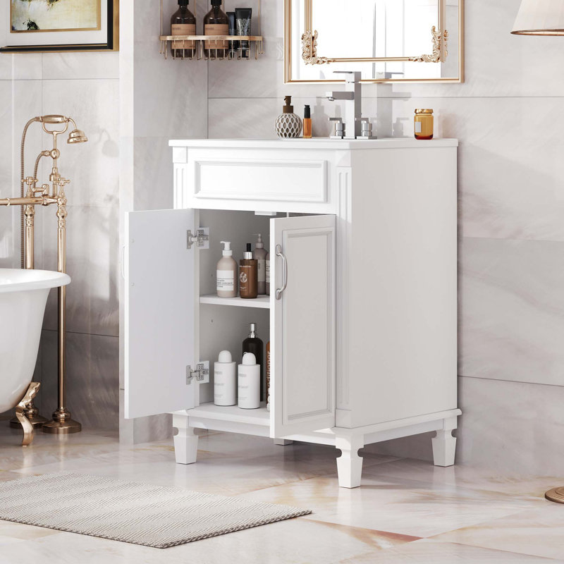Meuble-lavabo 24 po avec lavabo supérieur, armoire de rangement moderne avec 2 portes à fermeture douce et tablette réglable, structure en bois massif