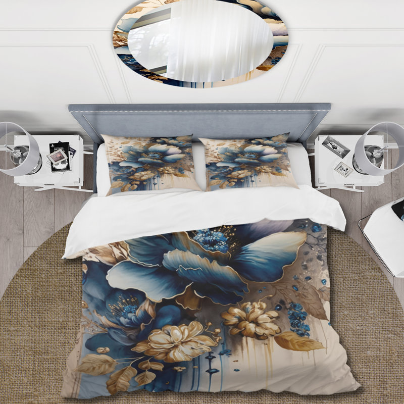Bleu et or Floral Bunch III - Ensemble de housse de couette floral - Microfibre de polyester