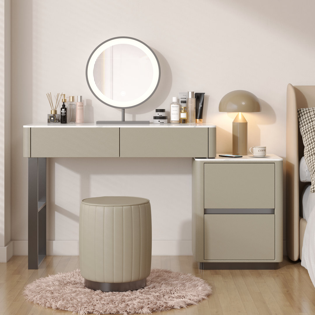 Edorta 55.12"W Solid Wood Makeup Vanity Set with Lighted Mirror and Upholstered Faux Leather Stool Hokku Designs