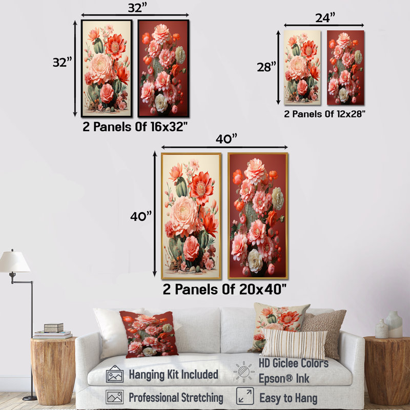 Coral Cluster Cactus Collage - ensemble de 2 impressions sur toile de cactus, Cadre flottant blanc, H 32 po x l 33 po