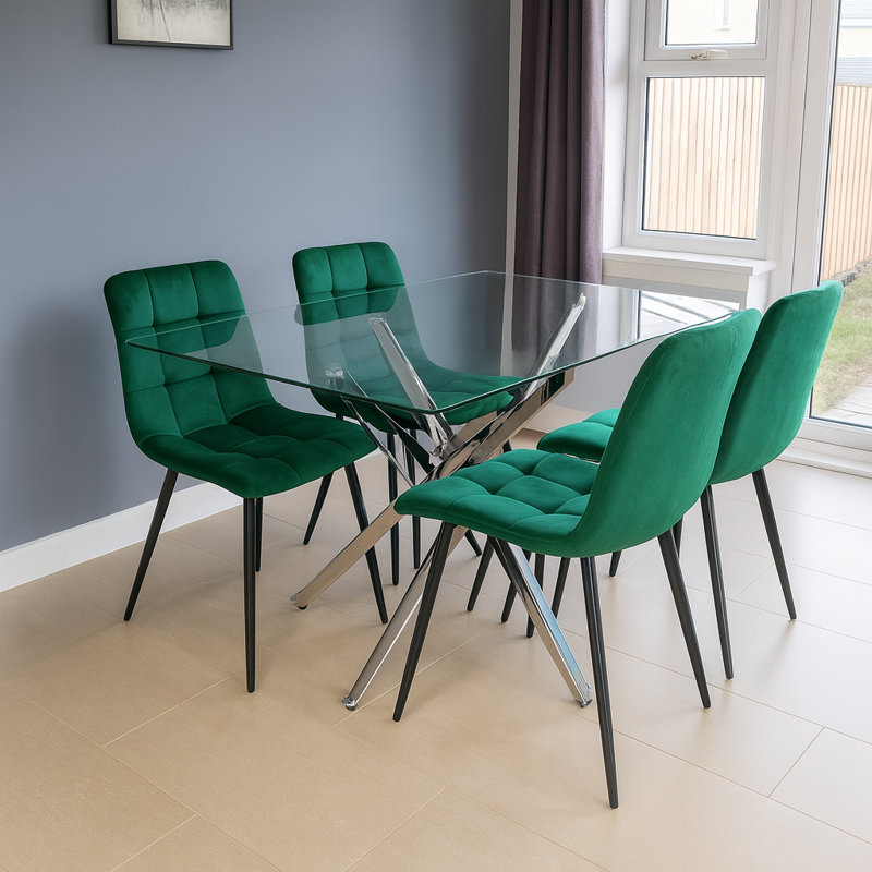 Dining Table and 4 Chairs Rectangle Table 4 Velvet Chairs Dining Set, Green