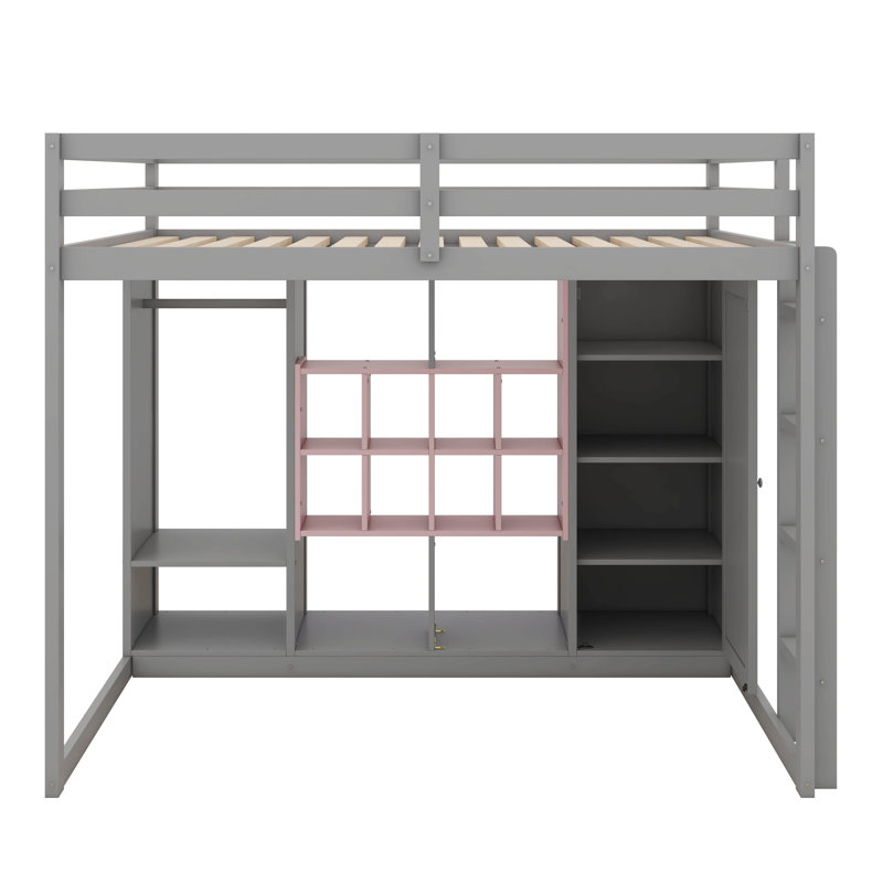 Lit mezzanine double en bois pleine grandeur avec garde-robe et armoire, cadre de lit multi-rangement peu encombrant avec tablettes ouvertes