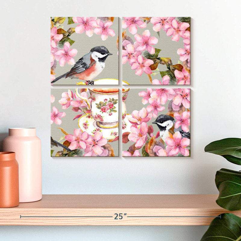 Brampt Bird On Teacup And Pink Flowers