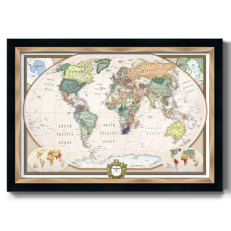 «Push Pin Map», reproduction d'art sur toile, Noir / or, H 26 po x l 40 po x P 1 po