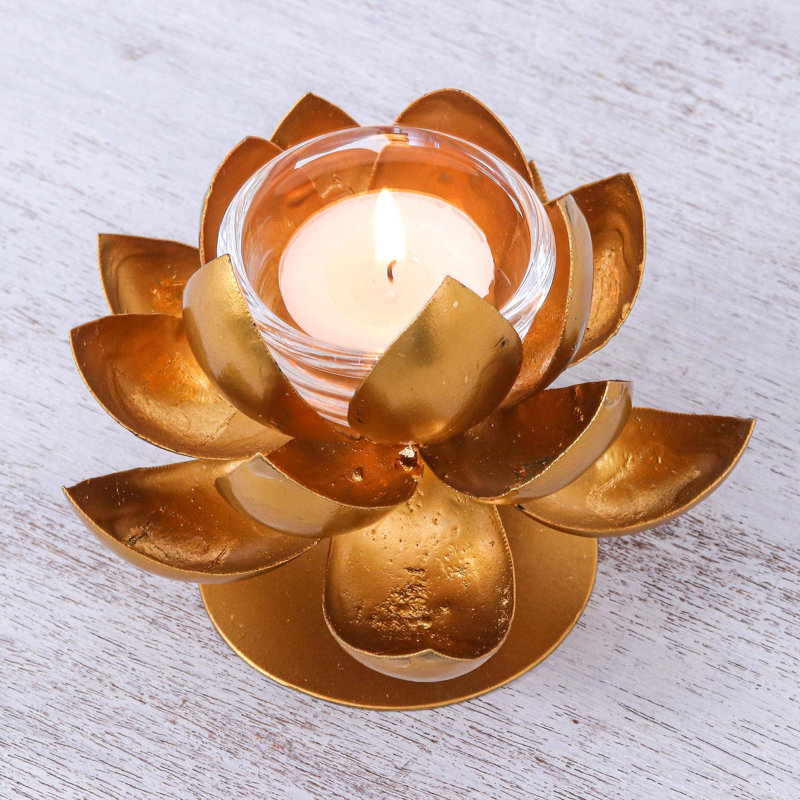 Photophore Bungalow Rose Lovely Lotus et acier et feuille d'or