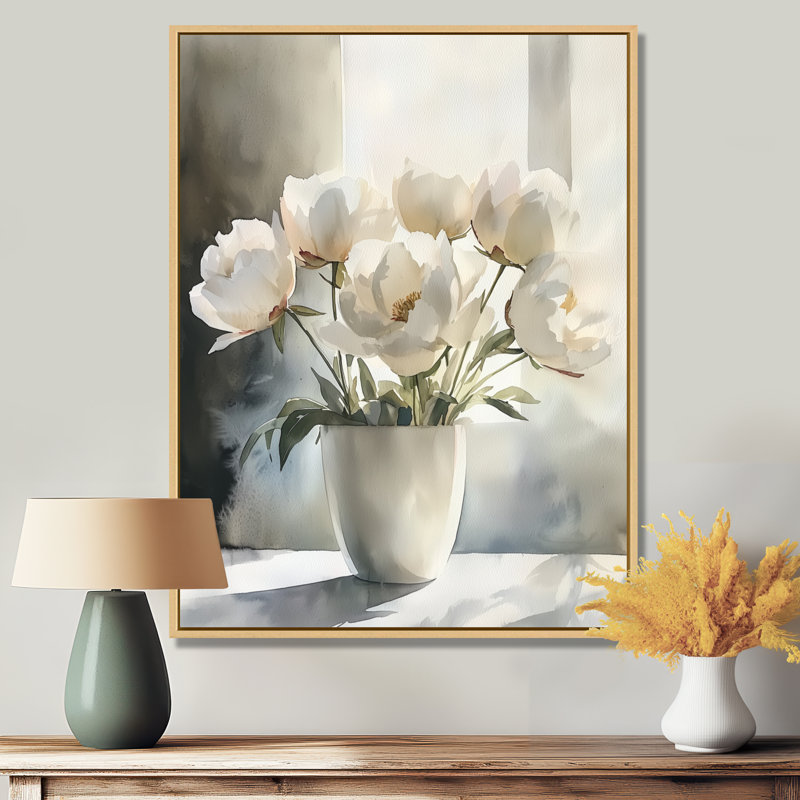 Art sur toile, pivoines et ombres géométriques I, H 44 po x l 34 po, Reproduction avec cadre flottant, Crème, crème