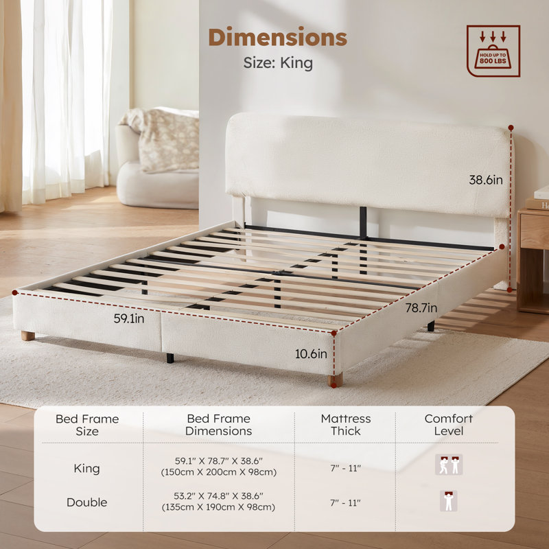 King/Double Size Boucle Bed Frame, Upholstered Cloud Bed Frame with Adjustable Headboard, Cream, Double (4'6)