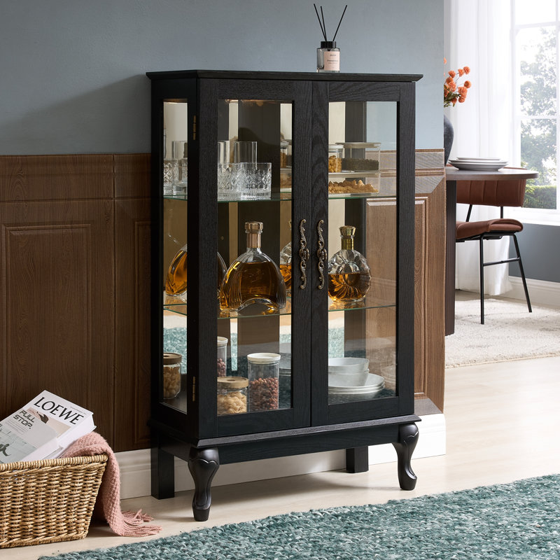 Lighted Black Curio Cabinet With Tempered Glass Doors & Mirrored Back, Black