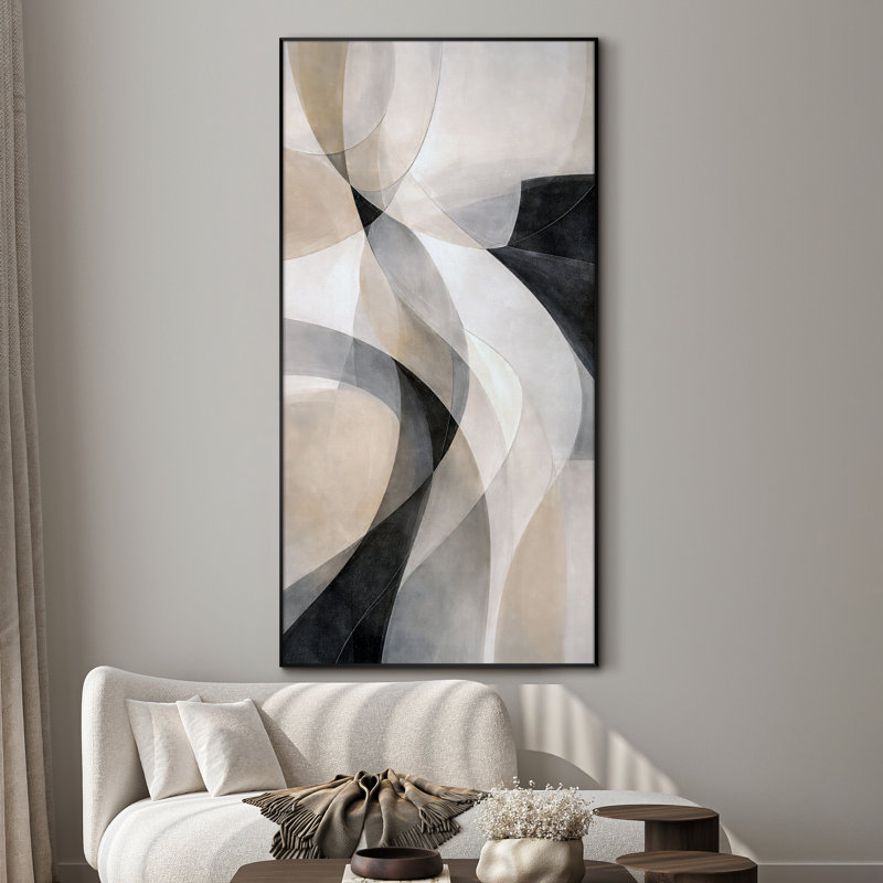 Très grand art mural imprimé sur tissu - Courbes abstraites imbriquées modernes dans des tons de noir neutre et de gris neutres pour le salon ou la chambre à coucher - «Assemblage requis du cadre (cadre non fini)»