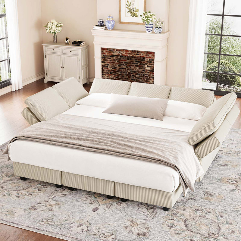 Neemi Upholstered Sectional, Beige Corduroy