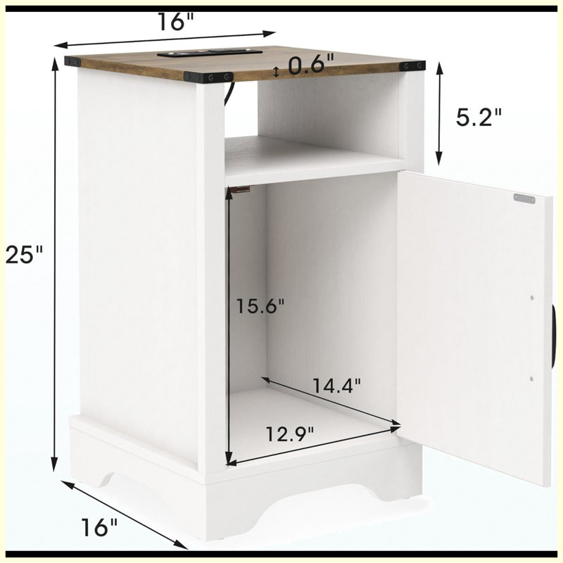 Ensemble de table de chevet campagnarde en chêne blanc et rustique de 2 po avec station de charge et rangement, tables de chevet de 16 po