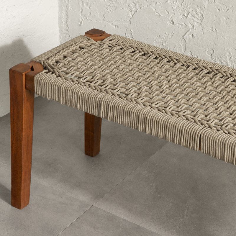 Beige and Natural Acacia Wood and Rope Bench