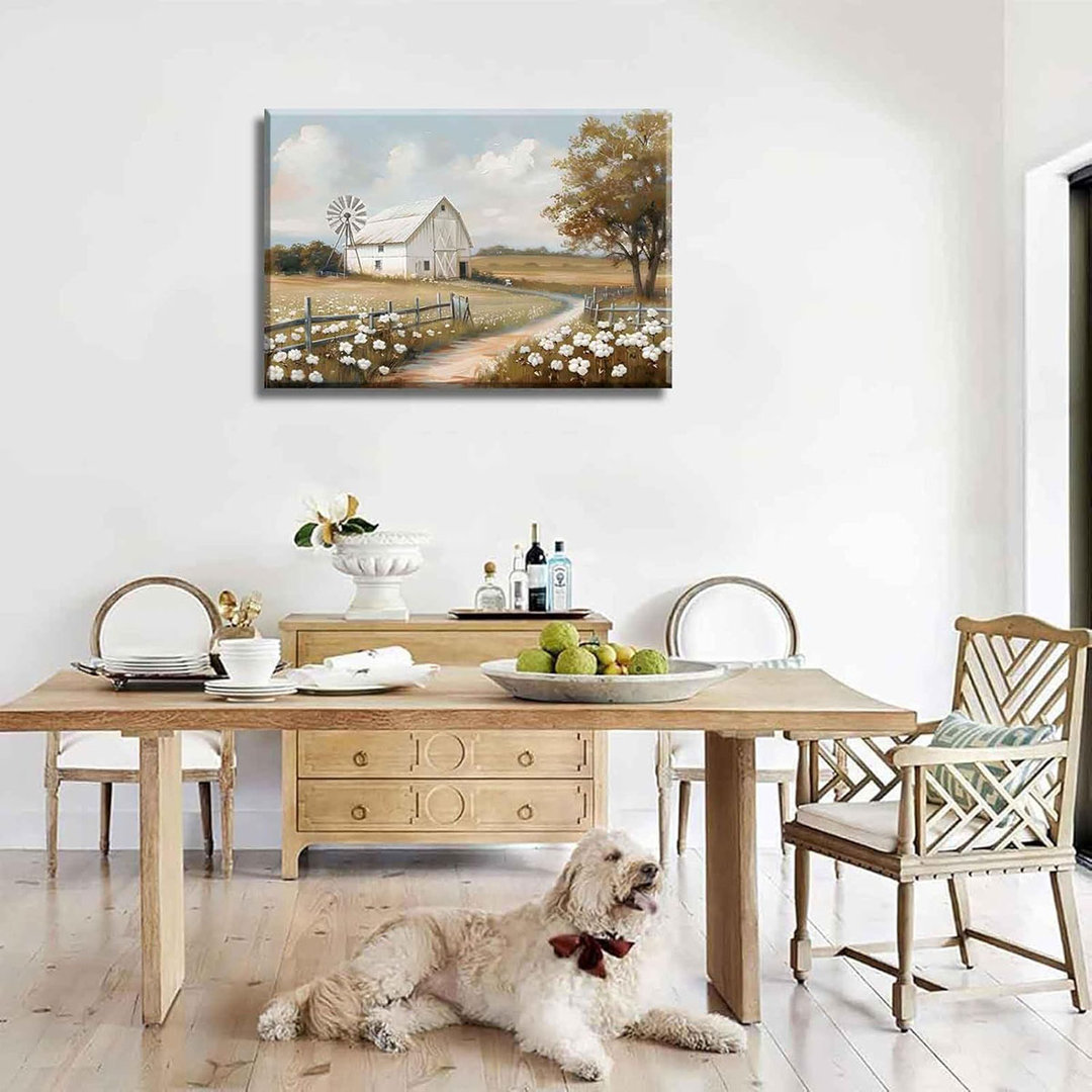 Farmhouse Barn Canvas Wall Art Rustic Farm Nature landscape Decor Pictures Retro Flower Field Meadow Barn Windmill Posters Prints for Home Decoration