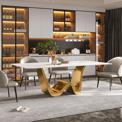 78.74" Modern Rectangular Dining Table for 8–10 with White Sintered Stone Top and Sculptural Gold Base
