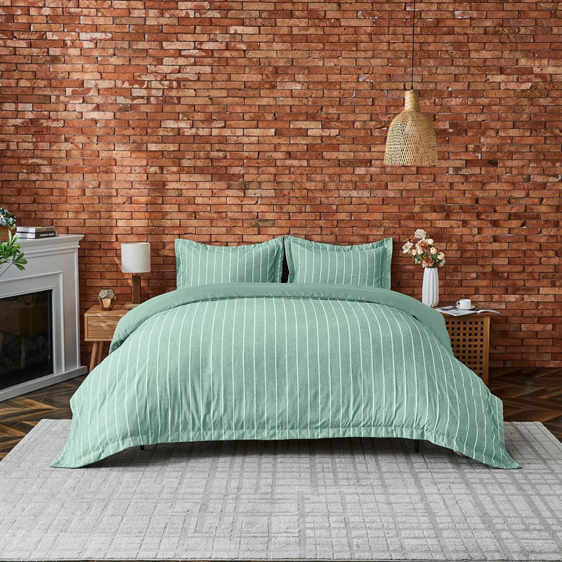 Polyester Striped Duvet Cover Set, King Duvet Cover + 2 Standard Pillowcases, SAGE GREEN Striped