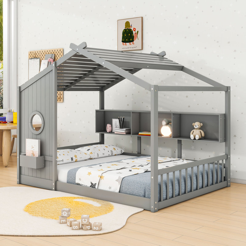 Wooden House-Shaped Floor Bed With Built-In Storage Shlves And Slats, Gray, Full