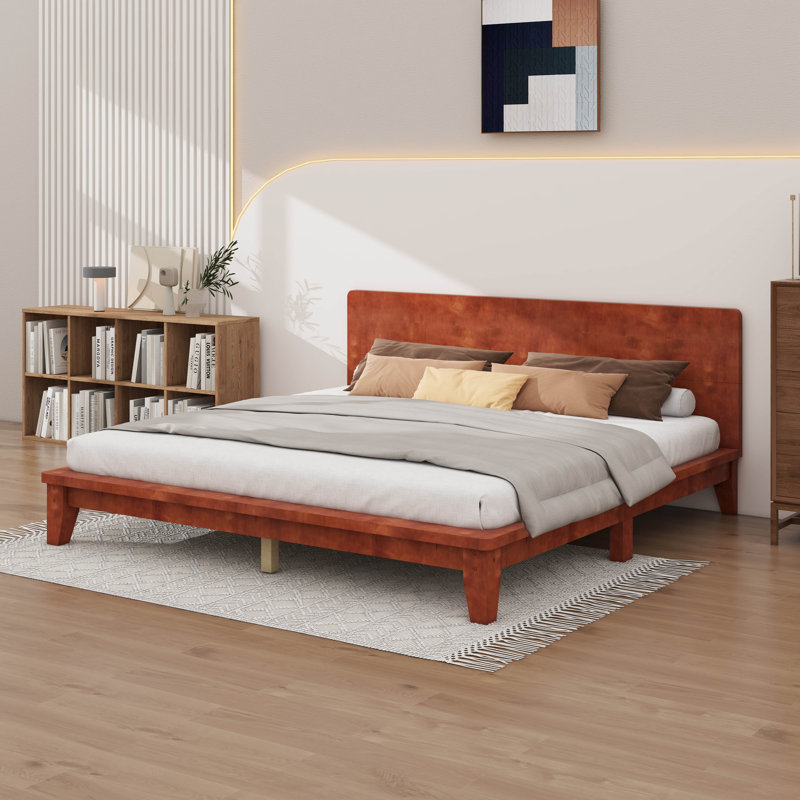 Base de lit plateforme avec tête de lit haute, support à lattes de bois, aucun sommier requis, Grand lit, Brown