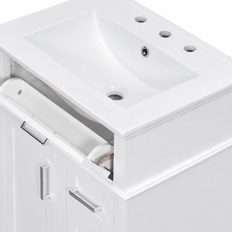 Meuble-lavabo autoportant de 24 po avec lavabo en céramique, 1 porte, tiroir rabattable et 3 tiroirs