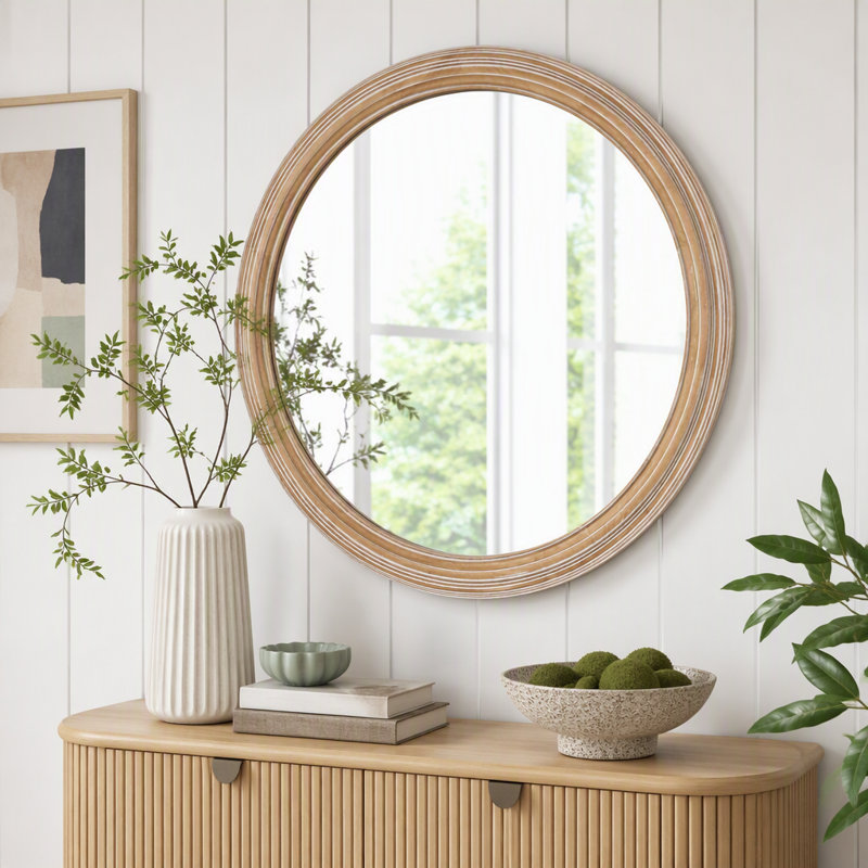 Miroir mural rond de style champêtre avec cadre en bois vieilli 35,43 po, 35.43"W