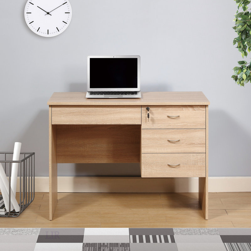 Bureau d'étudiant à trois tiroirs verrouillables avec glissières en métal et panneau de modestie, idéal pour le rangement sécuritaire et les espaces de travail organisés.