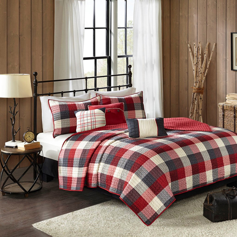 Courtepointe rouge pour lit double / grand, 6 pièces, chevrons, écossais Buffalo, pièce de coussins décoratifs faits à la main en rouge, double / grand, imprimé à chevrons, draps confortables
