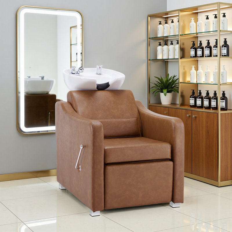Backwash Shampoo Station Chair, Adjustable Ceramic Hair Wash Bowl with Chair, Brown Faux Leather