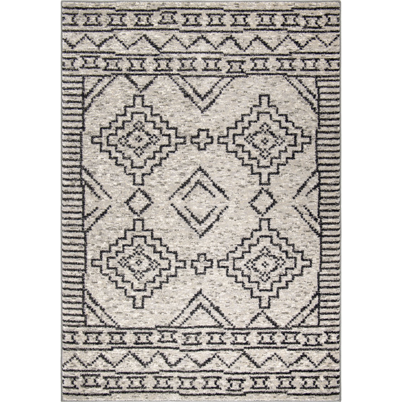 Gray and Black Rectangular Synthetic Southwestern Area Rug