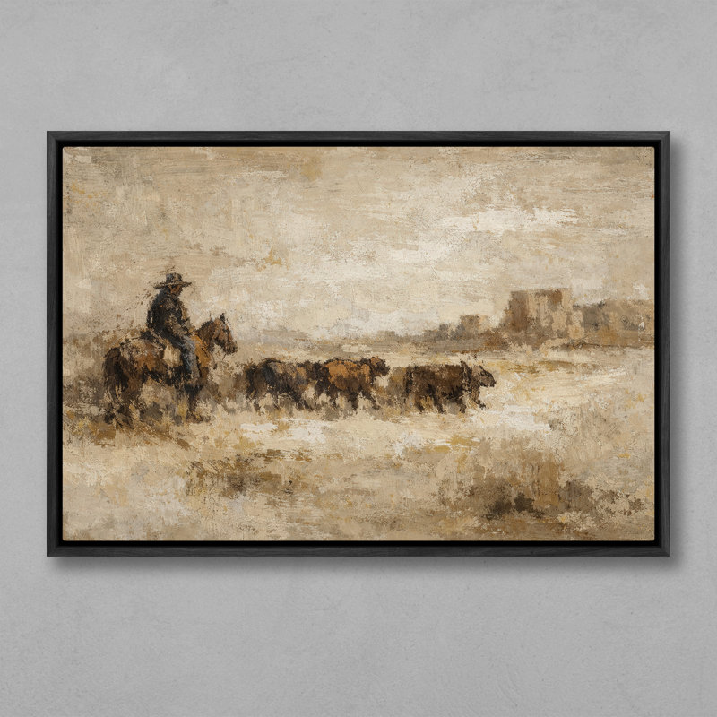«Rustic Ranch Scene with Cowboy and Bétail», reproduction d'art encadrée, H 24 po x l 36 po, Noir
