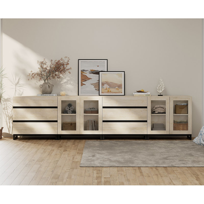 4 In 1 Modern Dresser With Glass Doors And 6 Drawers,Storage Cabinet With Adjustable Shelves, Chest Of Drawers, Beige