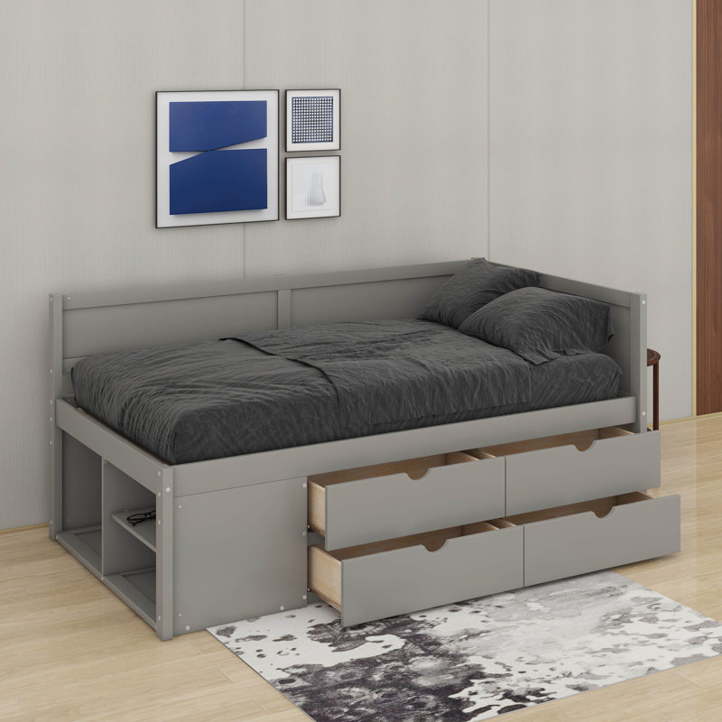Lit de jour simple avec tiroirs et tablettes, Gris, Lit simple