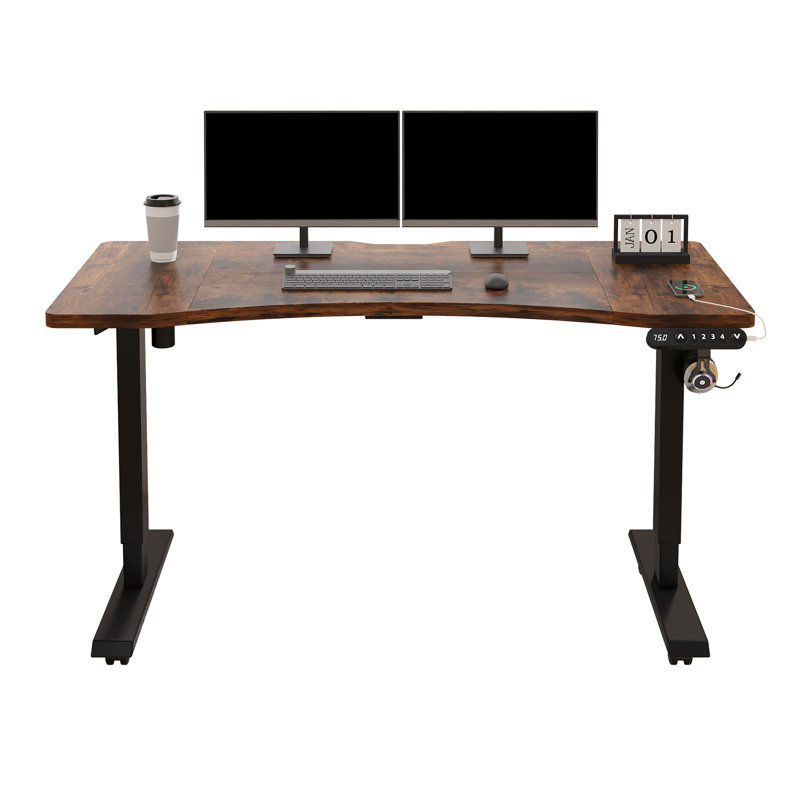 Daiah Ergonomic Curved Height Adjustable Standing Desk, Brown/Black