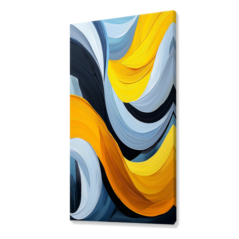 Nynke Lignes de vapeur océaniques bleues et jaunes I - Peinture murale minimaliste, H 60 po x l 28 po, Toile tendue