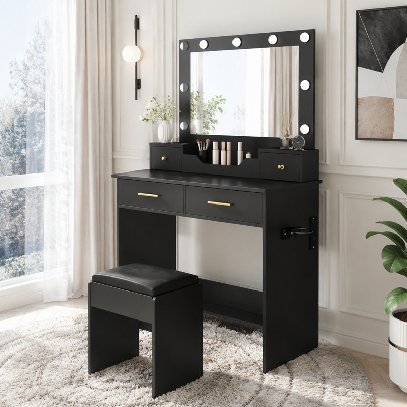 Makeup Vanity Desk with 9 Hollywood Bulbs,with a large mirror, featuring 4 drawers and 1 open storage box, equipped with a power socket