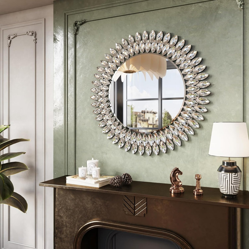 Round Jeweled Mirror for Wall Decor, 26 in Modern Decorative Wall Mirror with Luxury Diamonds Beveled Vanity Mirror for Bedroom Dresser, Living Room Table, Bathroom, Hallway, Entryway